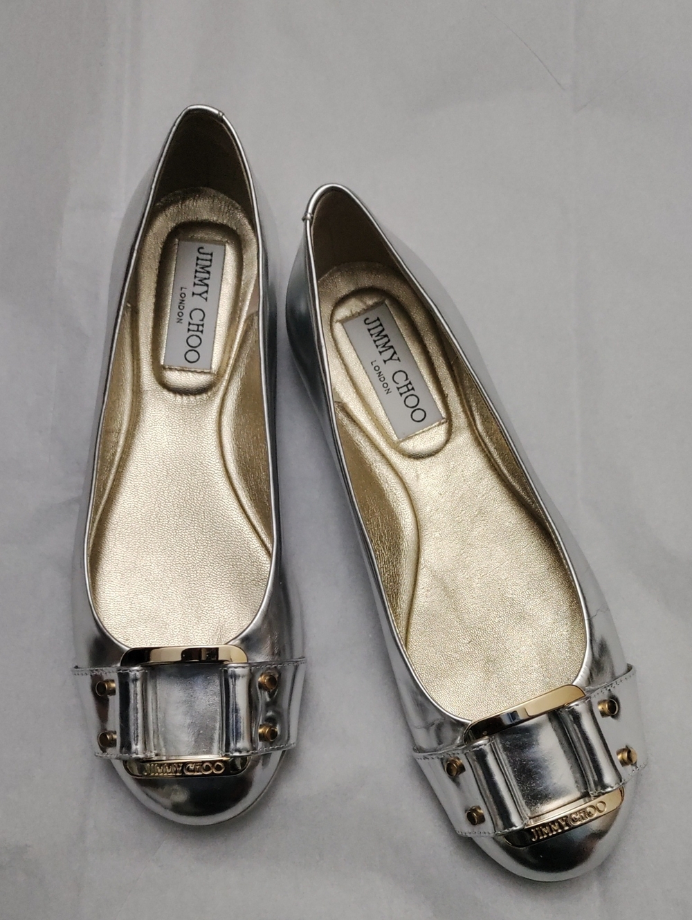Jimmy Choo Silver Metallic Leather Ballet Flats with Buckle Detail